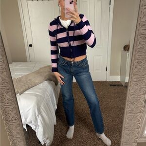 Striped Pink and Navy Cropped Hoodie